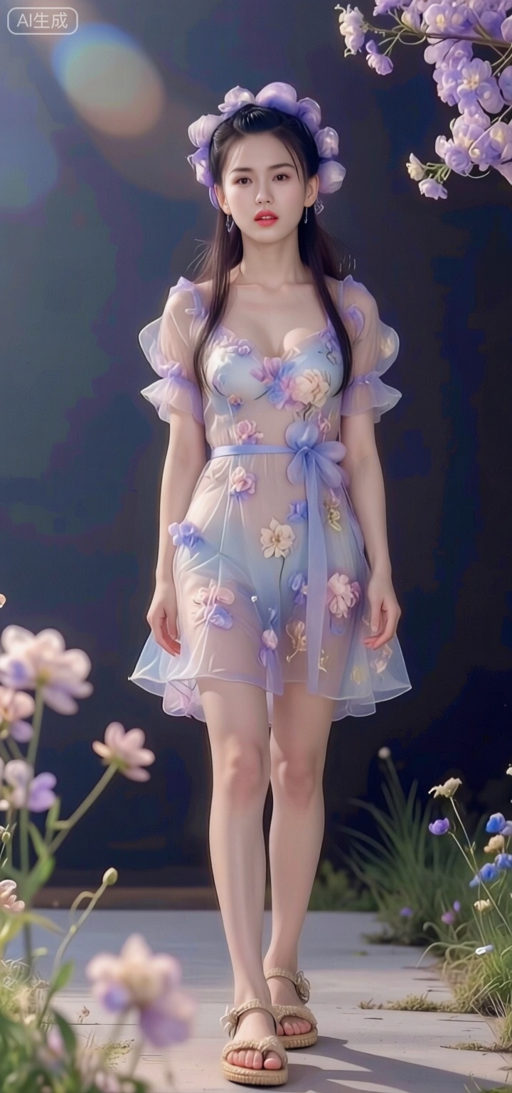 美颜,皮肤质感水润光滑年轻,完美身材比例优越,胸部饱满有型, ,Portrait photography, tall models, delicate three-dimensional facial features, fair skin, long hair draped like a fairy, a floral dress with flowing charm, a pair of straw sandals, fresh pastoral style instantly overflows, legs straight and slender, standing and posing, looking at the camera, natural body curves, full body shot, pure white minimalist background, medium-telephoto lens, low angle upward shot, center offset composition, soft side backlight, silk halo, light and shadow contrast, soft fabric wrinkles details, realistic style, 8K high-definition picture quality, ultra-high detail accuracy, high-level sense, perfect quality, master-level works.