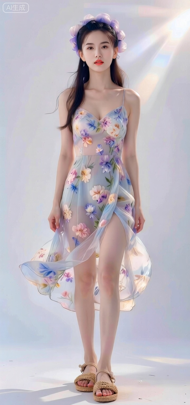 美颜,皮肤质感水润光滑年轻,完美身材比例优越,胸部饱满有型, ,Portrait photography, tall models, delicate three-dimensional facial features, fair skin, long hair draped like a fairy, a floral dress with flowing charm, a pair of straw sandals, fresh pastoral style instantly overflows, legs straight and slender, standing and posing, looking at the camera, natural body curves, full body shot, pure white minimalist background, medium-telephoto lens, low angle upward shot, center offset composition, soft side backlight, silk halo, light and shadow contrast, soft fabric wrinkles details, realistic style, 8K high-definition picture quality, ultra-high detail accuracy, high-level sense, perfect quality, master-level works.