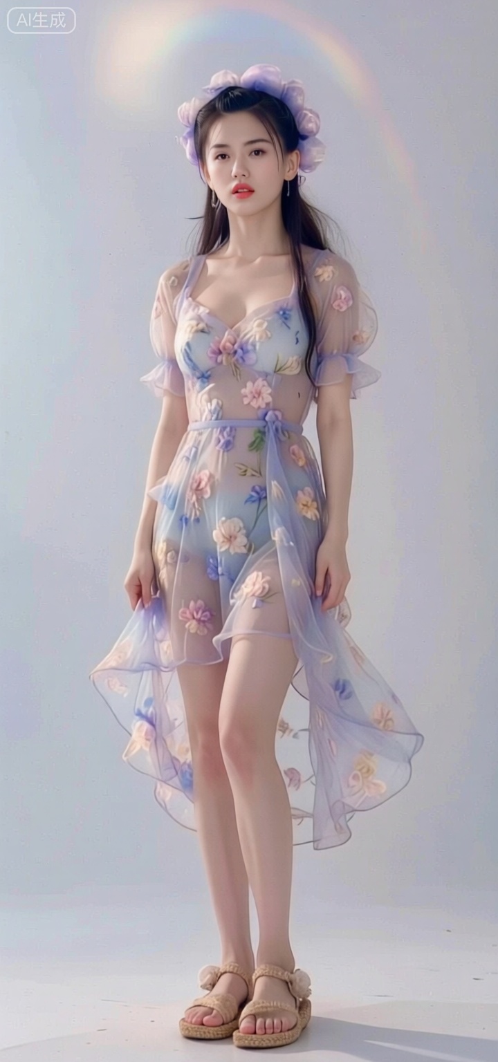 美颜,皮肤质感水润光滑年轻,完美身材比例优越,胸部饱满有型, ,Portrait photography, tall models, delicate three-dimensional facial features, fair skin, long hair draped like a fairy, a floral dress with flowing charm, a pair of straw sandals, fresh pastoral style instantly overflows, legs straight and slender, standing and posing, looking at the camera, natural body curves, full body shot, pure white minimalist background, medium-telephoto lens, low angle upward shot, center offset composition, soft side backlight, silk halo, light and shadow contrast, soft fabric wrinkles details, realistic style, 8K high-definition picture quality, ultra-high detail accuracy, high-level sense, perfect quality, master-level works.