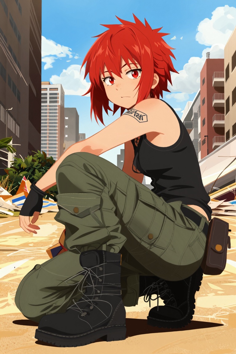 Khyle,  The image depicts a girl with spiky red hair and red eyes,  wearing a black sleeveless top and green cargo pants o...