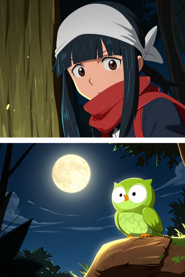 Khyle,  An anime-style illustration divided into two horizontal panels narrating a nighttime encounter scene; The top pane...