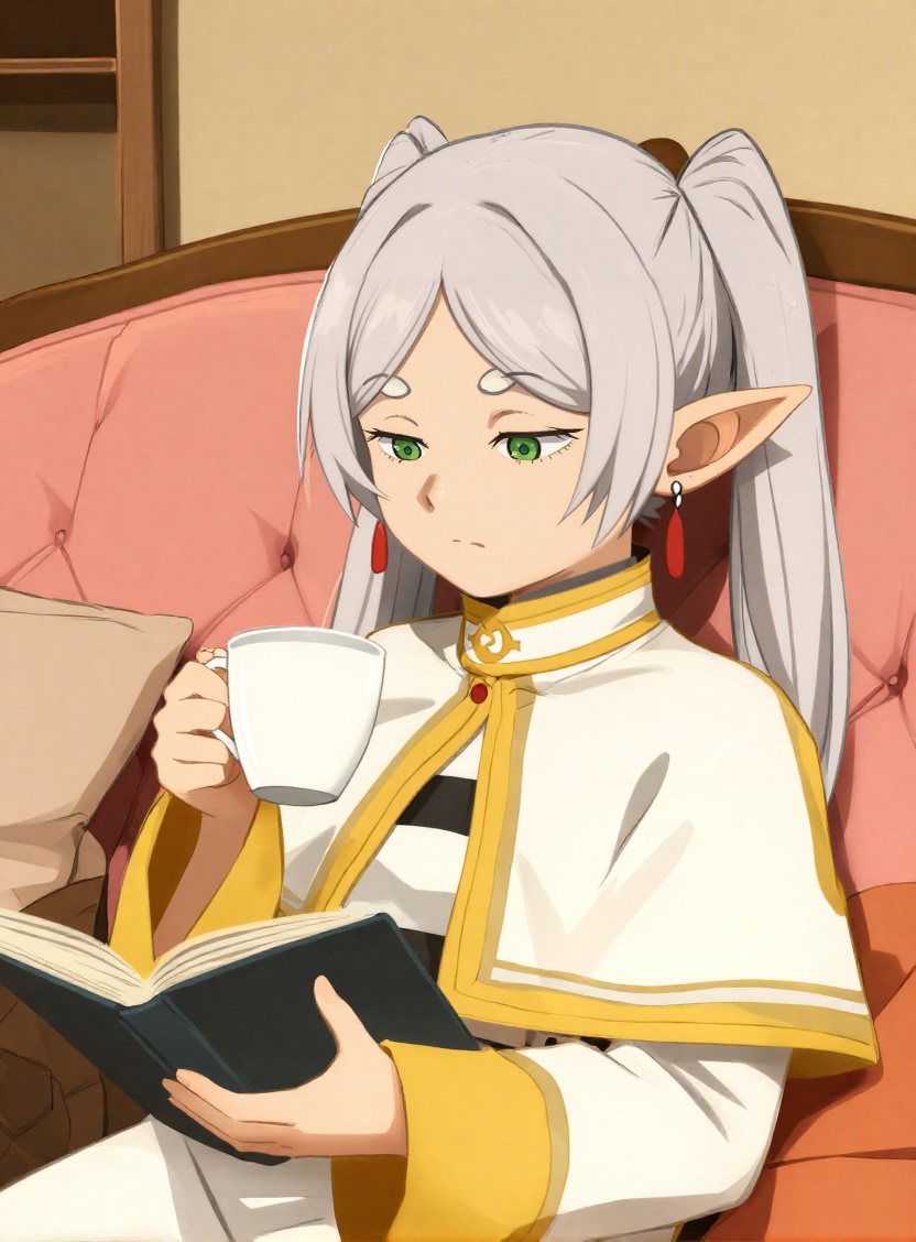 Khyle,  The image depicts a Frieren from Sousou no Frieren with long,  grey hair tied into twintails on Tensor.Art