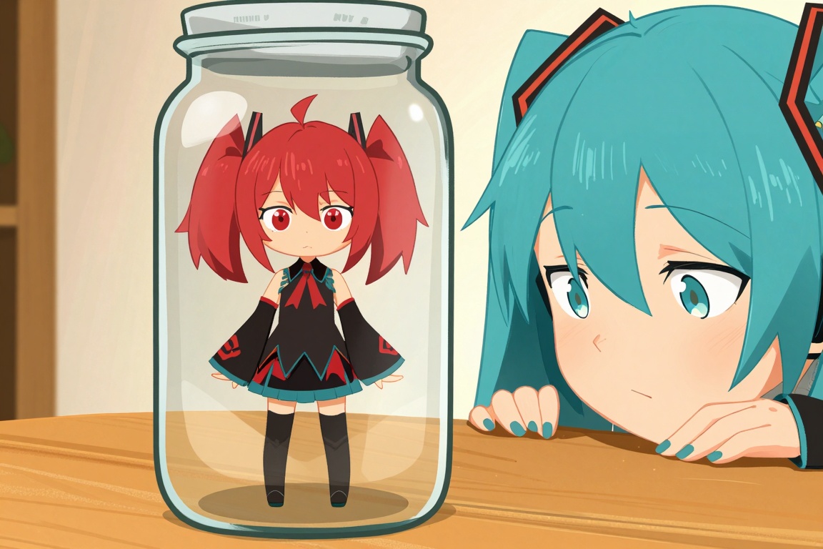 Khyle,  anime style image,  shows a wooden table with a clear glass jar on it. Inside the jar on Tensor.Art