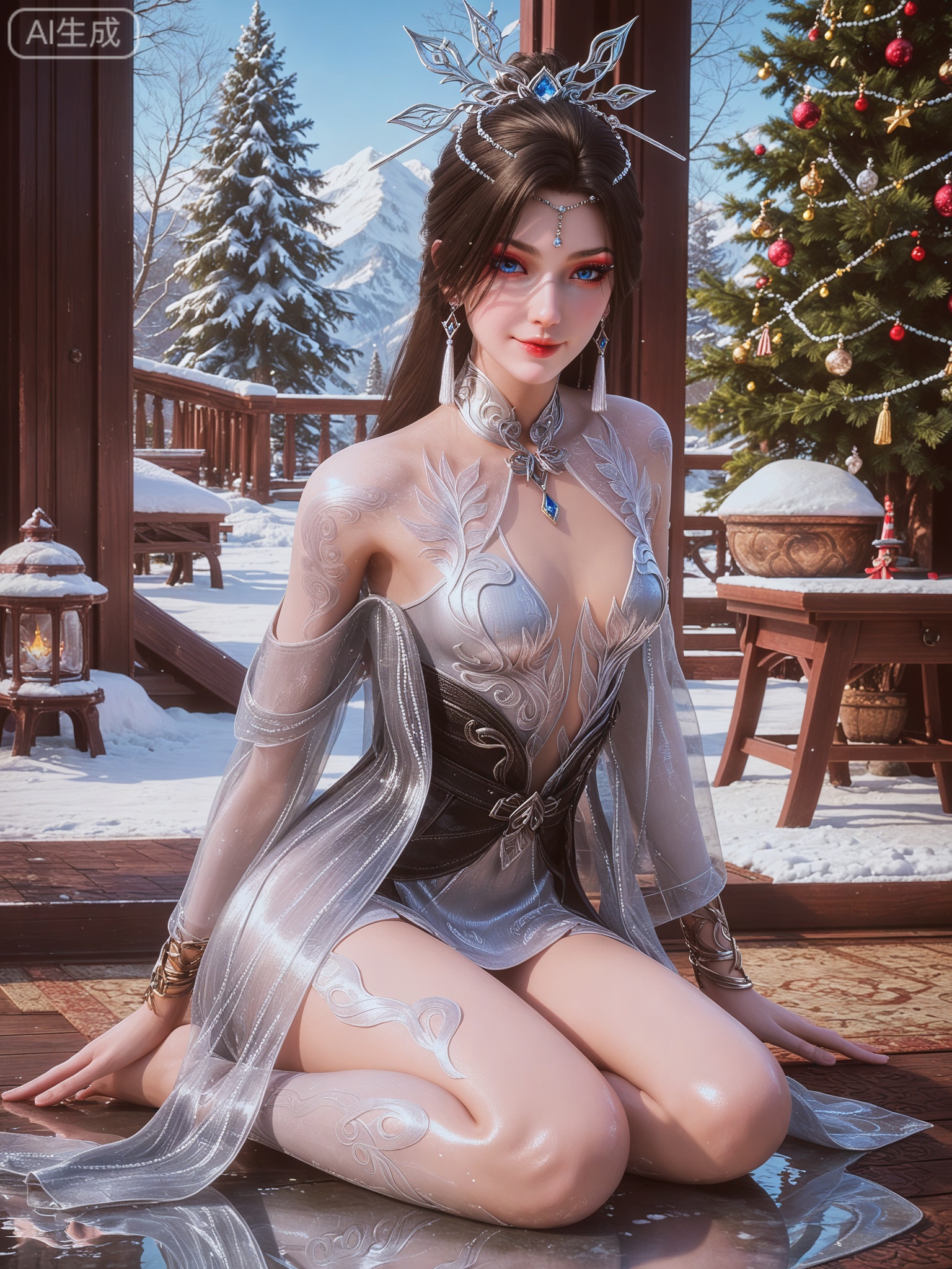 score_9,score_8_up,score_7_up,masterpiece,(best quality),(intricate details:0.9) BREAK (intricate details:0.9),(realistic skin:1.2),masterpiece,best quality,newest,absurdres,hiahres,1girl,jewelry,hair ornament,dress,necklace,lips,eyeshadow,bracelet,tassel,(8k ultra-clear, pony style),photo pose 0.6, micro-expression: soft smile 0.3, half-body + medium shot 0.7,1girl,looking_at_viewer,1boy,hair,realistic,photorealistic,Vivid Colors,bright environment,shiny skin,shiny hairjewelry,detail eyes,Eyes highlights,glowing,sunshine,bright,reflection,bright,sunshine on face,shiny,shinny,petite,thin,leg slimming,lose weight,slim hips,lakeside,delicate water,reflection,(full body:1.3)sitting_down,eyelashes,snow,Winter,Snowy landscape,Snow accumulation,Christmas tree,black-hair,