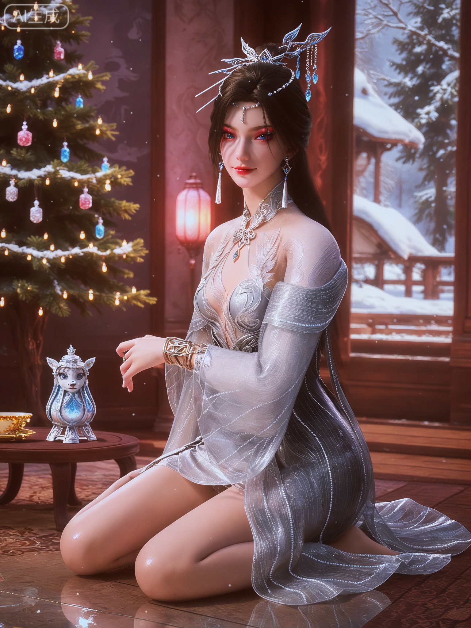 score_9,score_8_up,score_7_up,masterpiece,(best quality),(intricate details:0.9) BREAK (intricate details:0.9),(realistic skin:1.2),masterpiece,best quality,newest,absurdres,hiahres,1girl,jewelry,hair ornament,dress,necklace,lips,eyeshadow,bracelet,tassel,(8k ultra-clear, pony style),photo pose 0.6, micro-expression: soft smile 0.3, half-body + medium shot 0.7,1girl,looking_at_viewer,1boy,hair,realistic,photorealistic,Vivid Colors,bright environment,shiny skin,shiny hairjewelry,detail eyes,Eyes highlights,glowing,sunshine,bright,reflection,bright,sunshine on face,shiny,shinny,petite,thin,leg slimming,lose weight,slim hips,lakeside,delicate water,reflection,(full body:1.3)sitting_down,eyelashes,snow,Winter,Snowy landscape,Snow accumulation,Christmas tree,black-hair,