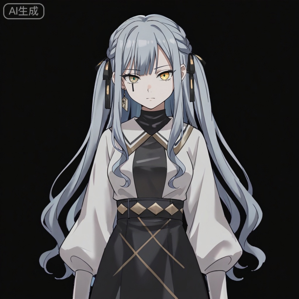 masterpiece, best quality,solo,white background,simple_background,togawa sakiko,cybersaki_style,bangs,ribbon,hair ribbon,black ribbon,two side up,braid,blue hair,grey hair,sidelocks,blunt bangs,heterochromia,yellow eyes,long hair,wavy hair,jewelry,white shirt,puffy sleeves,black skirt,high-waist skirt,black pantyhose,