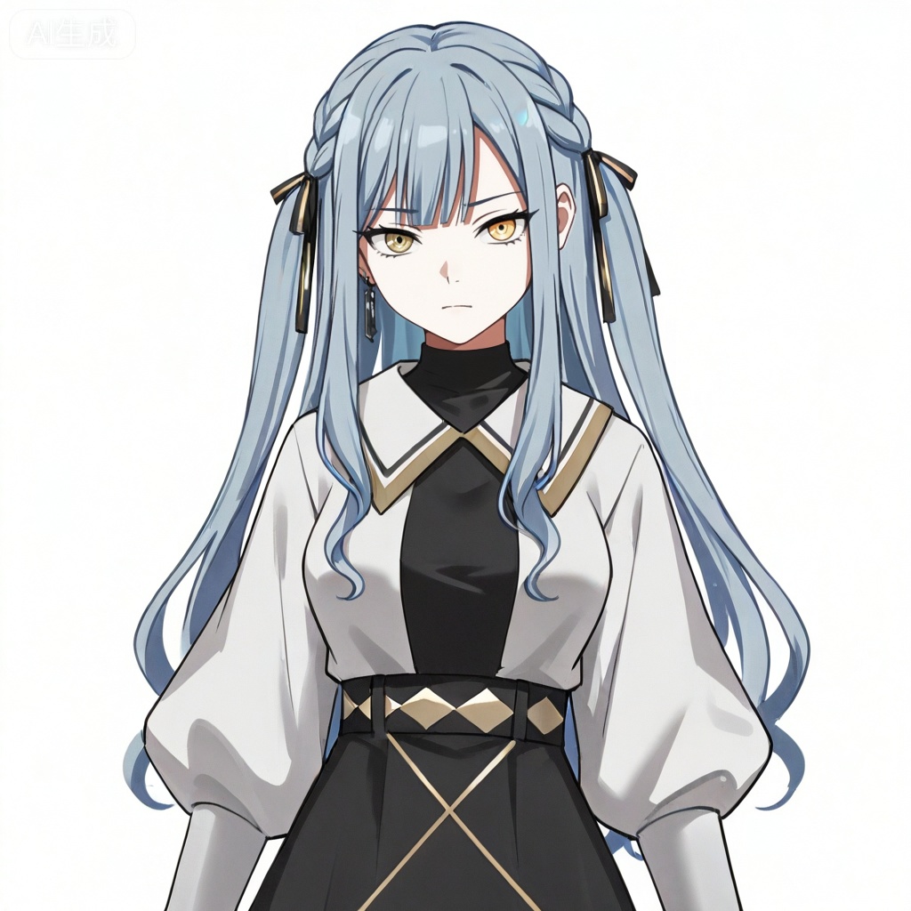 masterpiece, best quality,solo,white background,simple_background,togawa sakiko,cybersaki_style,bangs,ribbon,hair ribbon,black ribbon,two side up,braid,blue hair,grey hair,sidelocks,blunt bangs,heterochromia,yellow eyes,long hair,wavy hair,jewelry,white shirt,puffy sleeves,black skirt,high-waist skirt,black pantyhose,