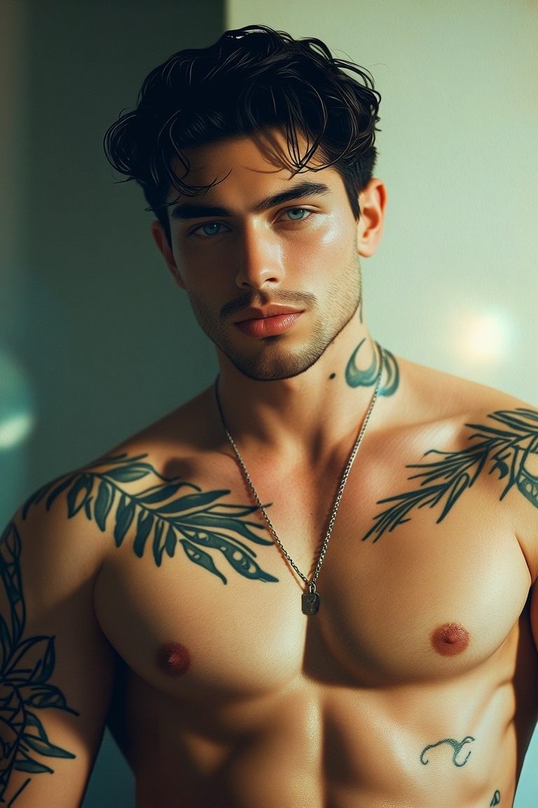 [Subject] The image shows a shirtless man with a well-defined muscular physique. He has short,  curly dark hair and a neat...