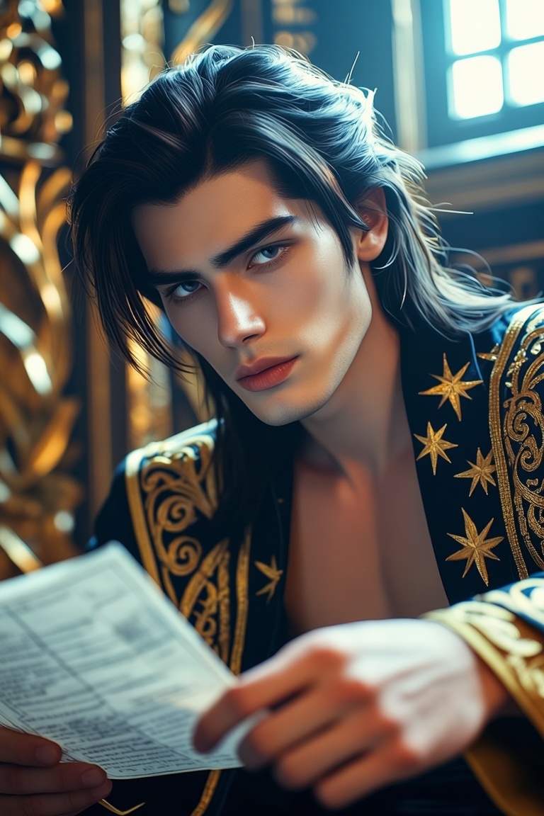 [Subject] The image depicts a young individual with long,  dark hair styled in a loose braid,  wearing a richly decorated...