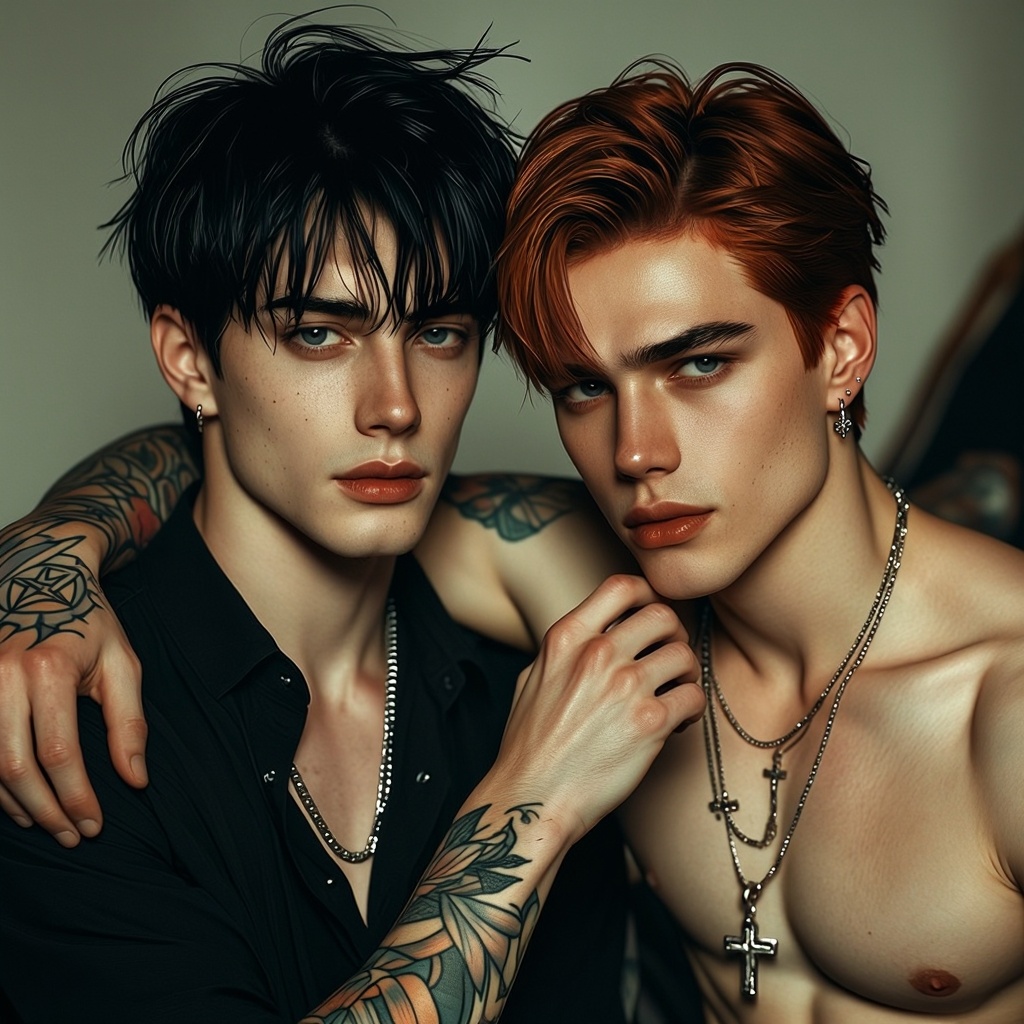 [Subject] Create a highly detailed,  professional portrait of two young men with an intimate and intense expression. The m...