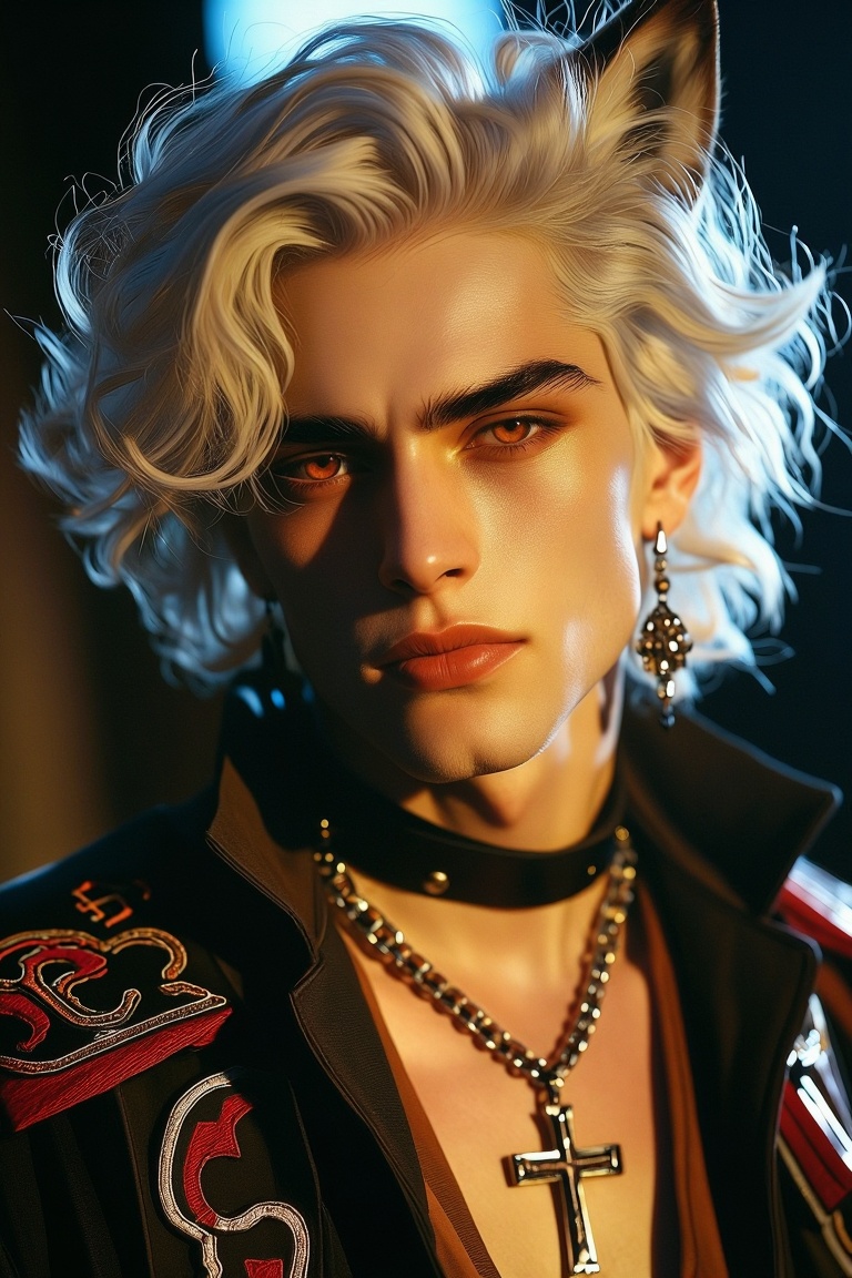 [Subject] The image depicts a character with striking features,  including a wolf-like appearance with white,  curly hair...