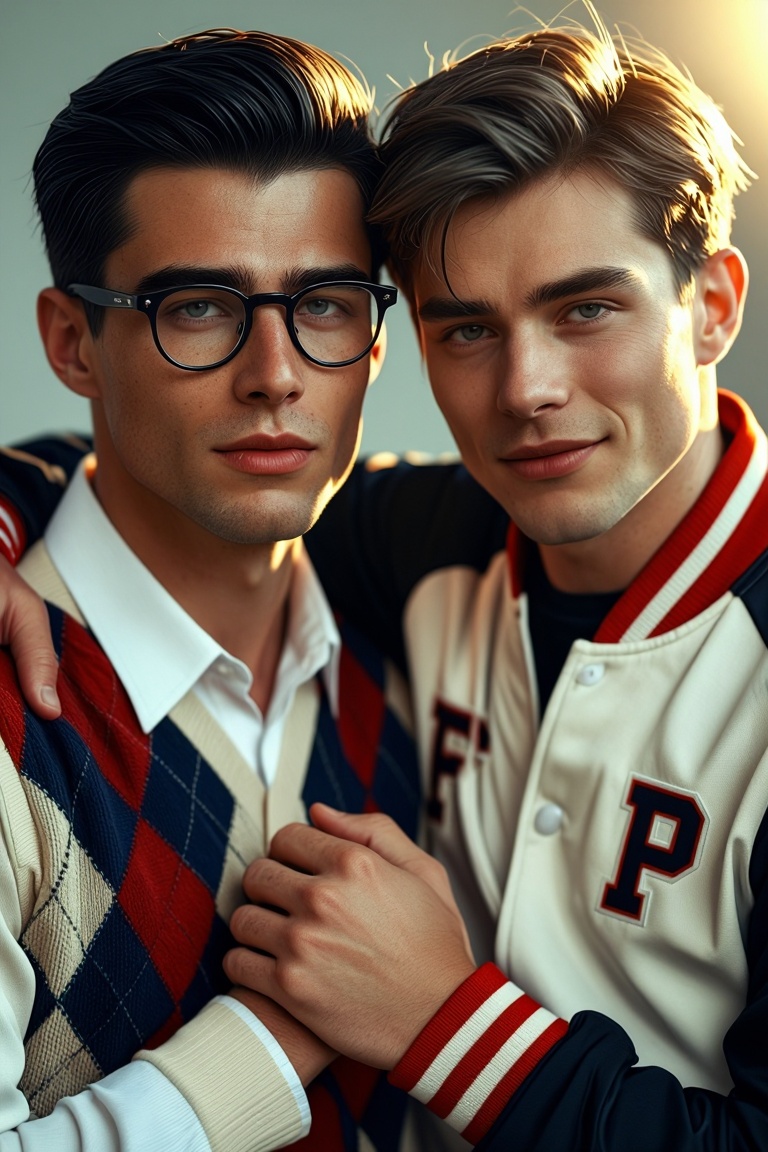[Subject] Create a high-resolution portrait of two young men with a neutral gray background. The man on the left has fair...