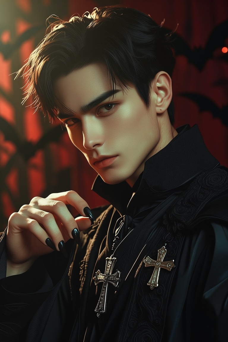 [Subject] The image depicts a man dressed in a black,  ornate outfit with intricate lace and a prominent cross-shaped broo...