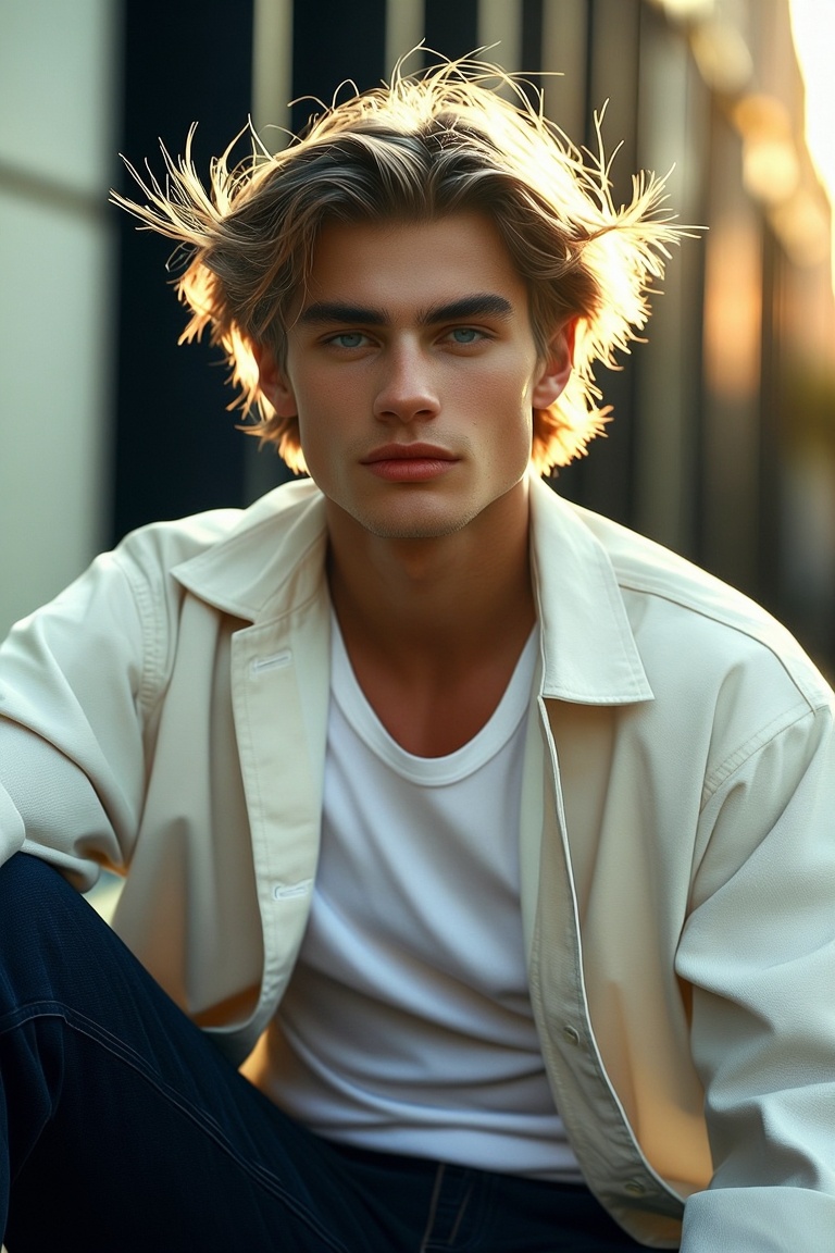 [Subject] Photograph of a handsome young man in his mid 20s with symmetrical attractive face and smooth fair skin,  pierci...