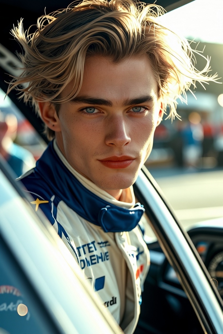 [Subject] Photograph of a handsome young male race car driver in his early 20s with symmetrical sharp features and flawles...