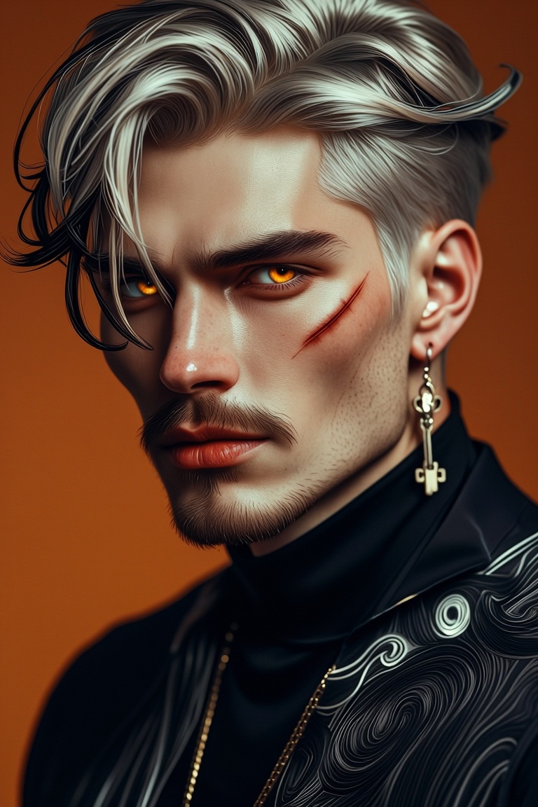[Subject] A highly detailed digital illustration of a confident,  rebellious man with a modern,  edgy appearance. He has p...