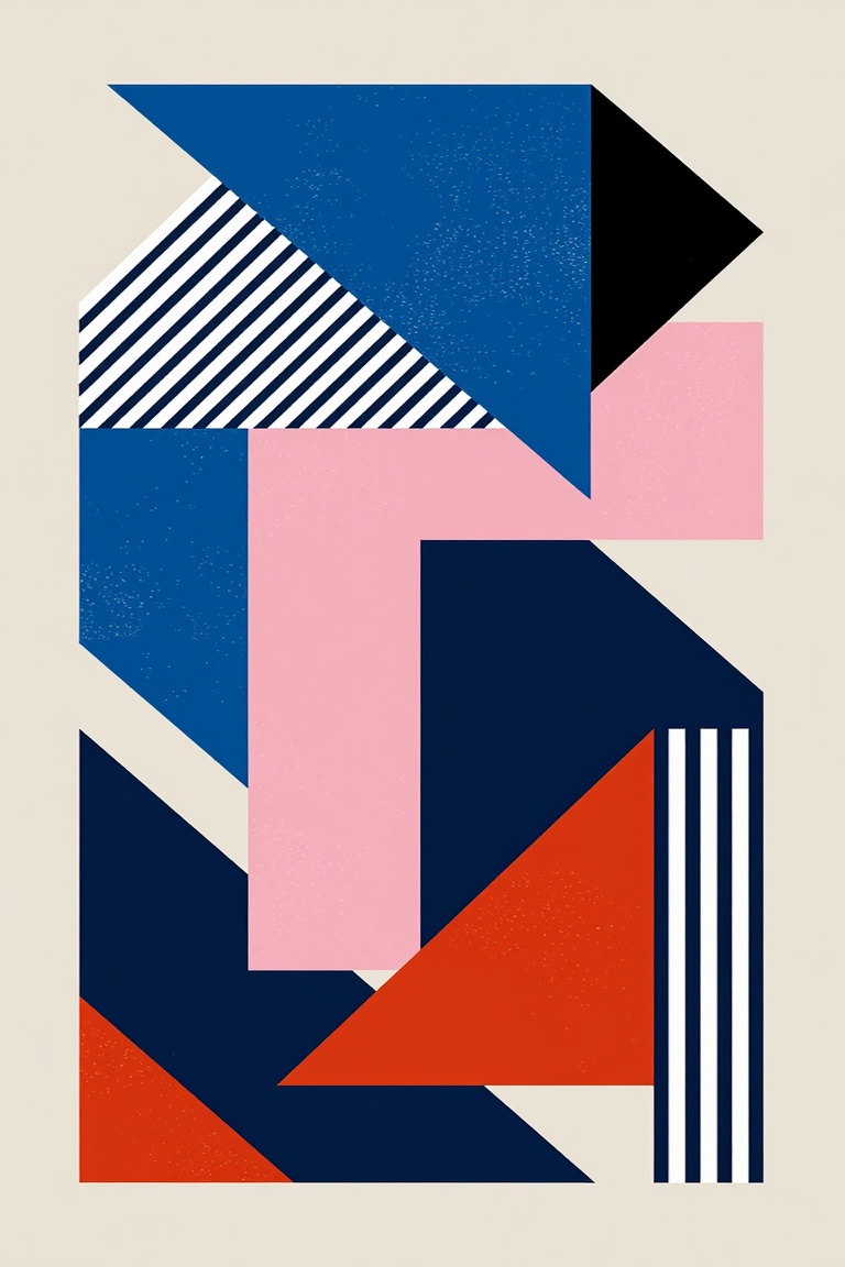 Create an abstract composition featuring a collection of geometric shapes and patterns. The artwork is composed of various...