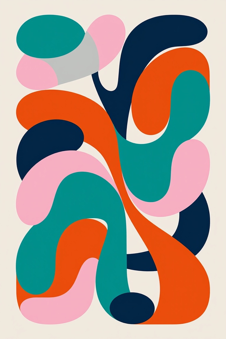 Create an abstract composition featuring interconnected,  biomorphic shapes,  rendered in a bold on Tensor.Art