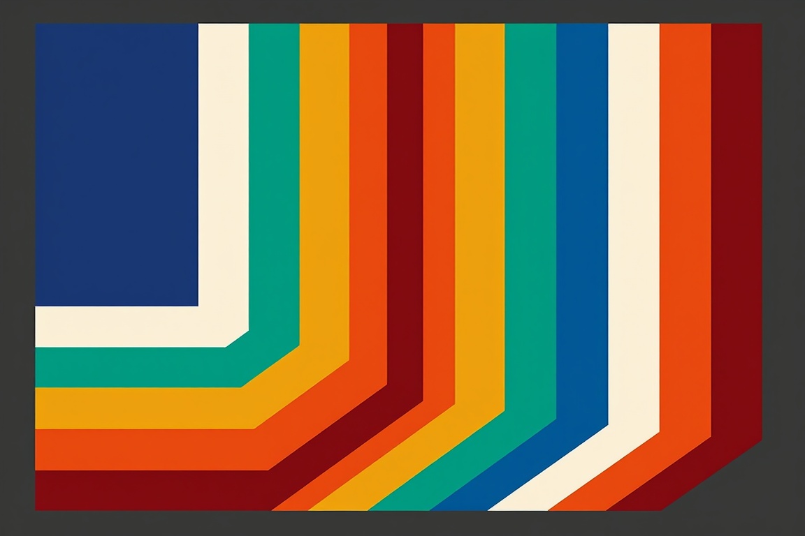 Create a stylized,  abstract composition featuring a series of vibrant,  retro-inspired color block stripes arranged in a...