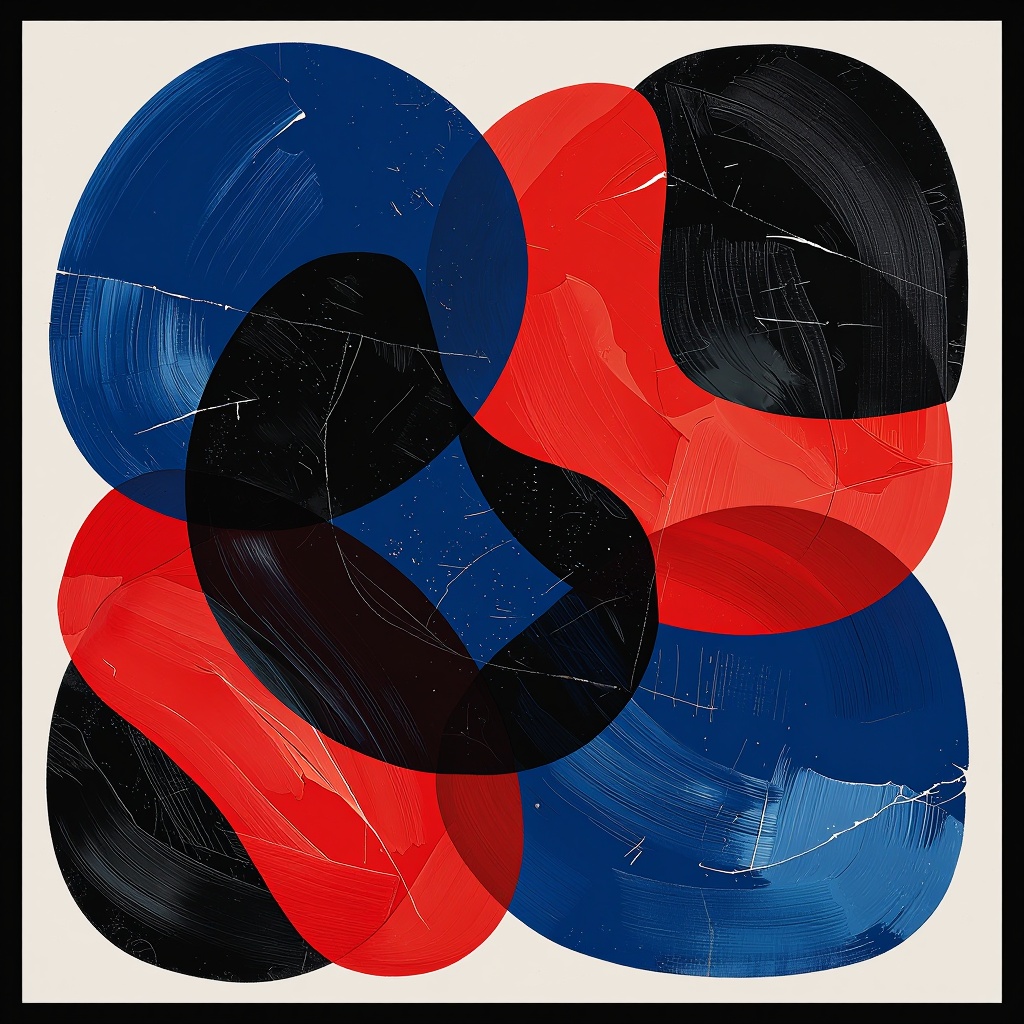 Create an abstract oumabstract expressionist composition featuring a series of overlapping,  textured shapes in deep indig...