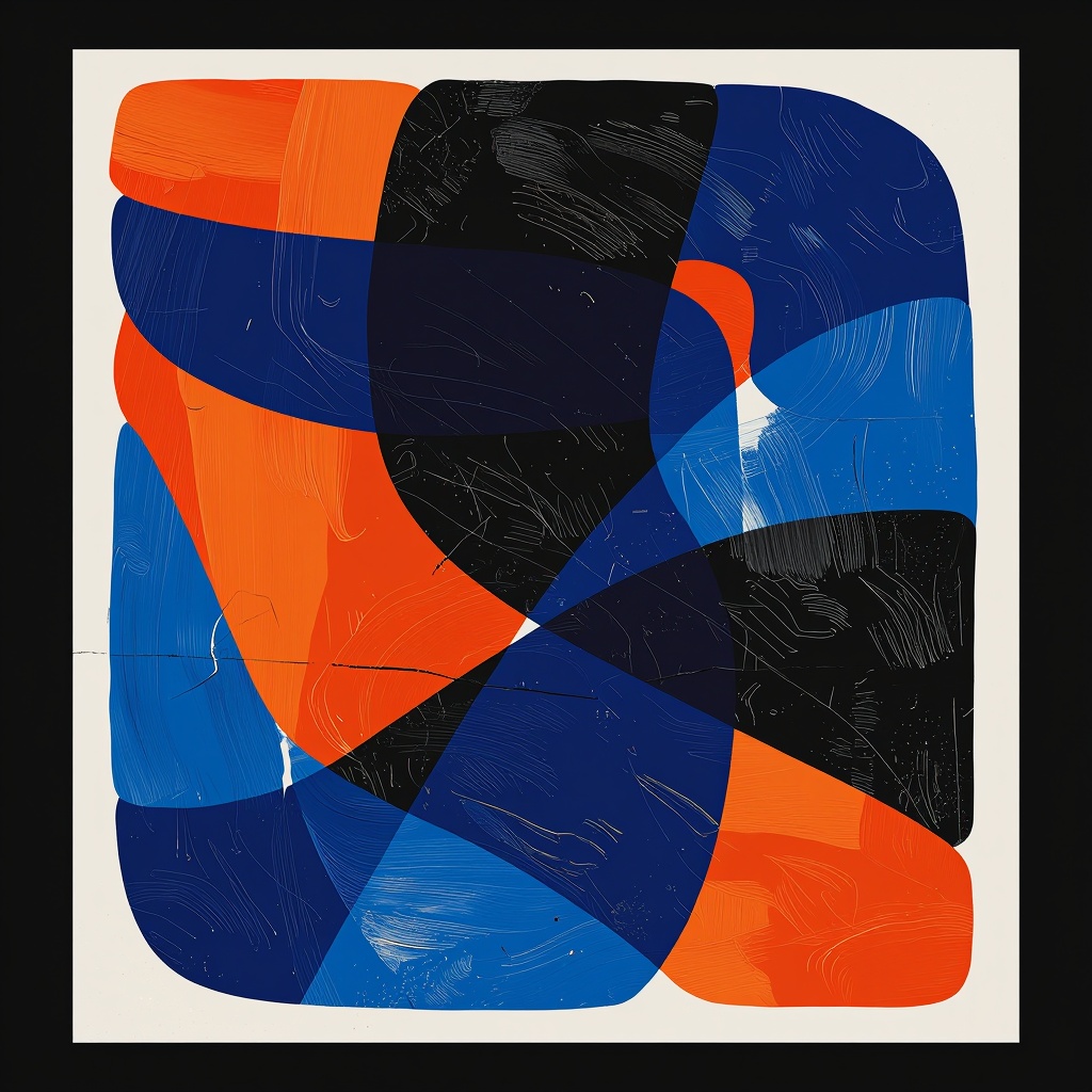 Create an abstract oumabstract expressionist composition featuring a series of overlapping,  textured shapes in deep indig...