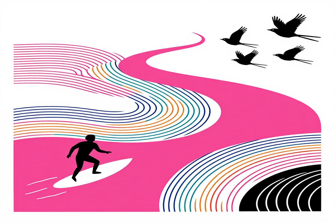 The backs of a man surfs on a pink river,  surrounded by an endless white sandy beach. The waves create intricate,  colorf...