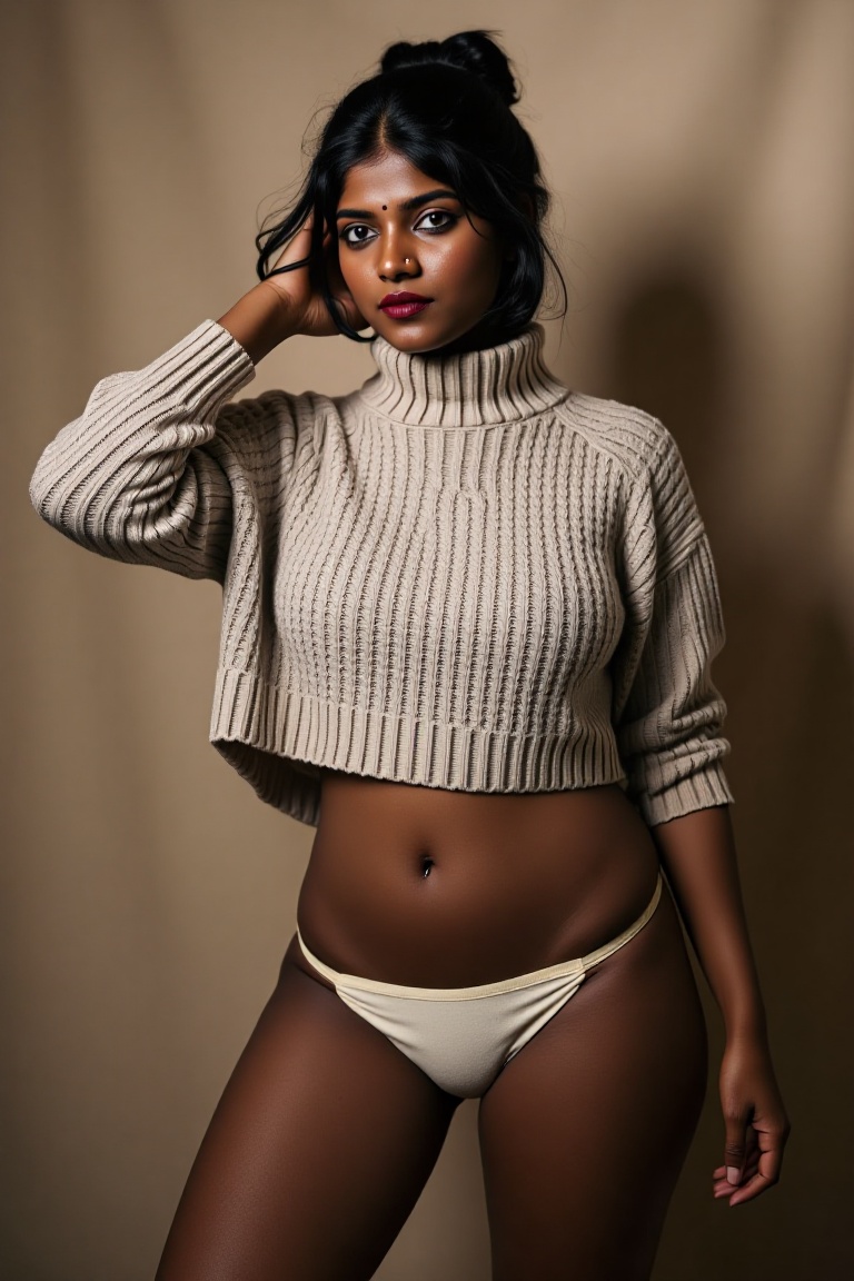 Create an artistic editorial fashion photography scene featuring an Indian black curvy woman with wide hips and black hair...