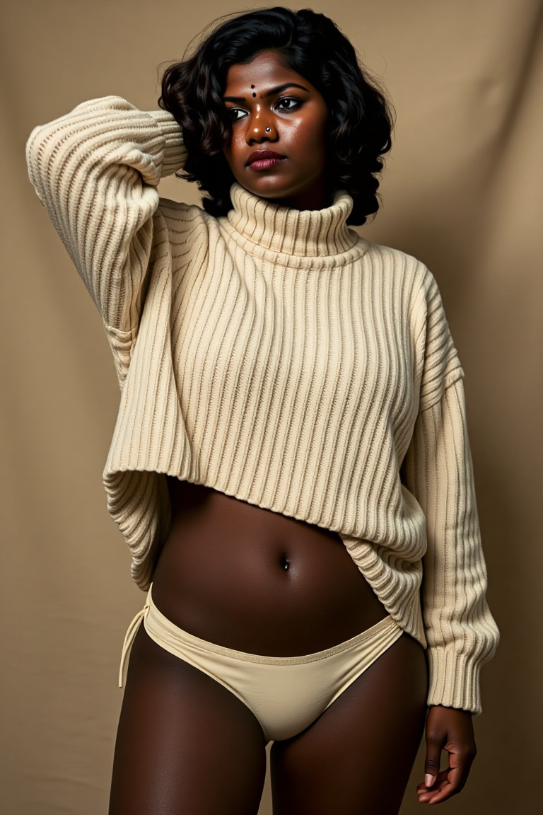 Create an artistic editorial fashion photography scene featuring an Indian black curvy woman with wide hips and black hair...