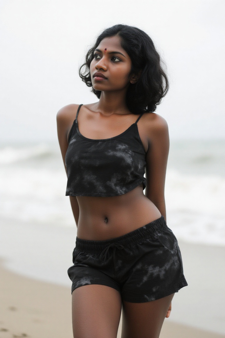 A black kerala woman in morden Y2K style hair and morden Korea k pop outfit,  navel ,  slim on Tensor.Art