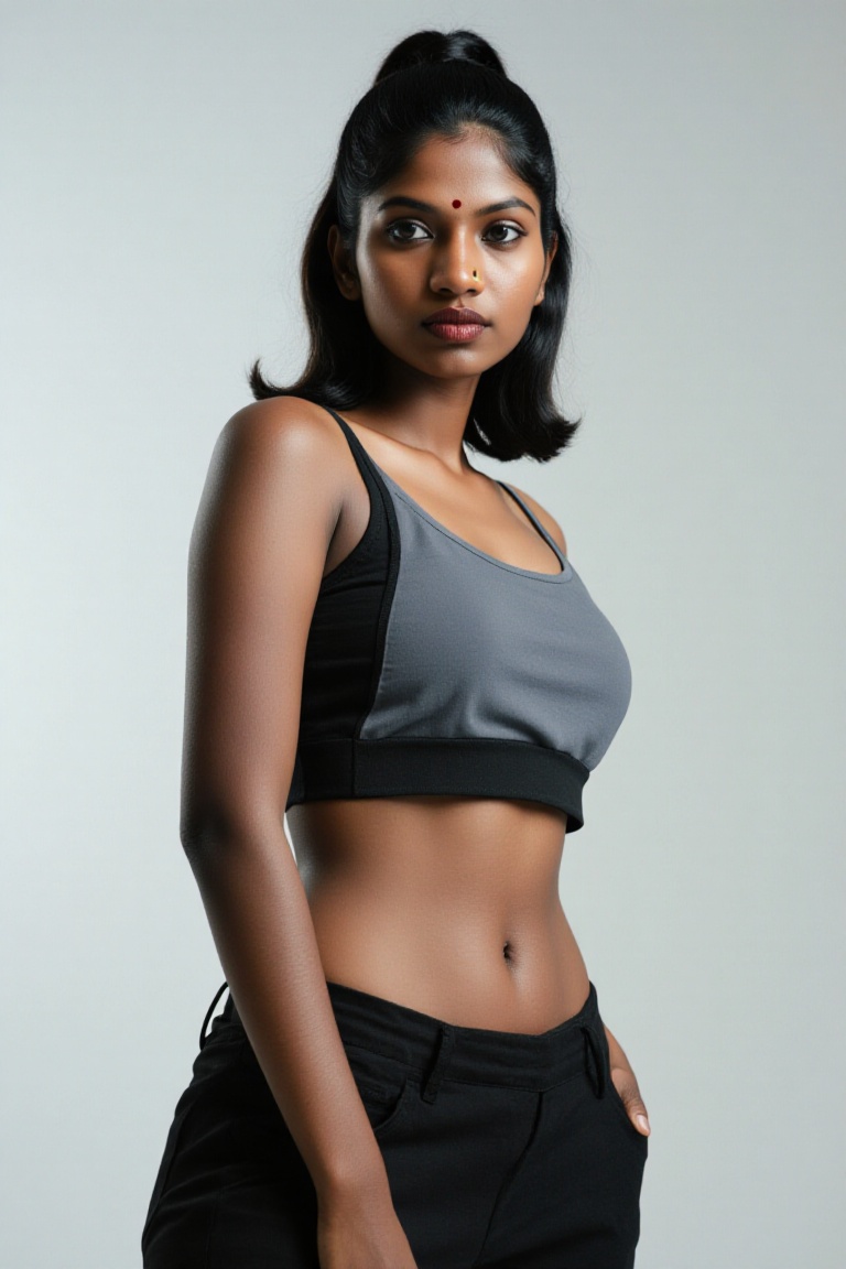 A black Kerala woman styled in modern Y2K fashion,  featuring sleek,  high-rise hair in the latest K-pop trend. She wears...