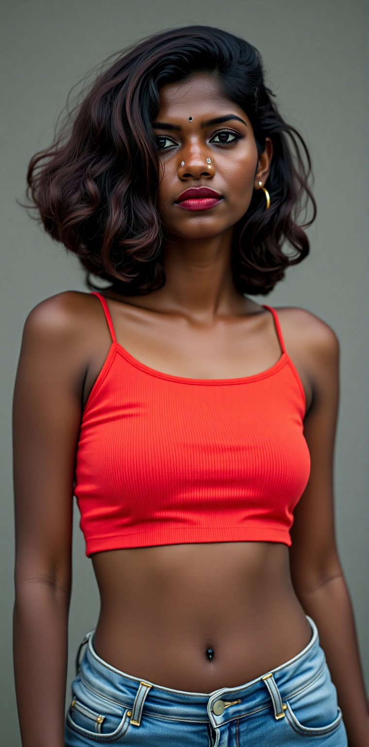 A black Kerala woman exudes modern Y2K charm,  her hair styled in a trendy,  high-maintenance look reminiscent of contempo...