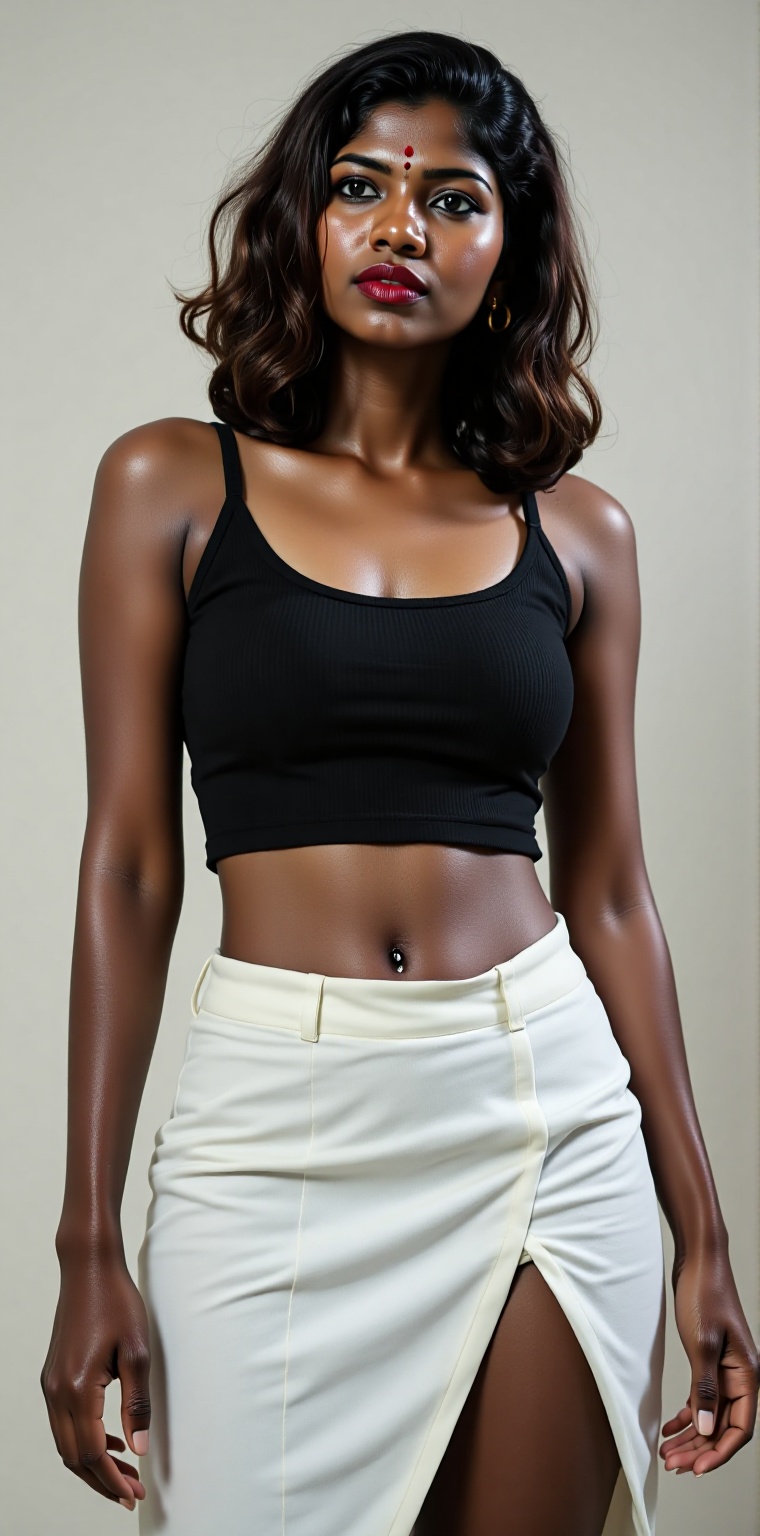 A black Kerala woman exudes confidence in a modern extreme low-rise,  low-waist Y2K outfit,  paired with sleek on Tensor.Art