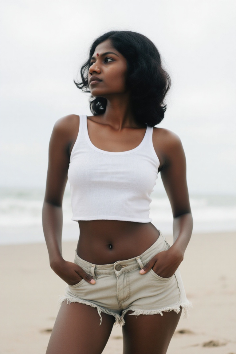 A black kerala woman in morden Y2K style hair and morden Korea k pop outfit,  navel ,  slim on Tensor.Art