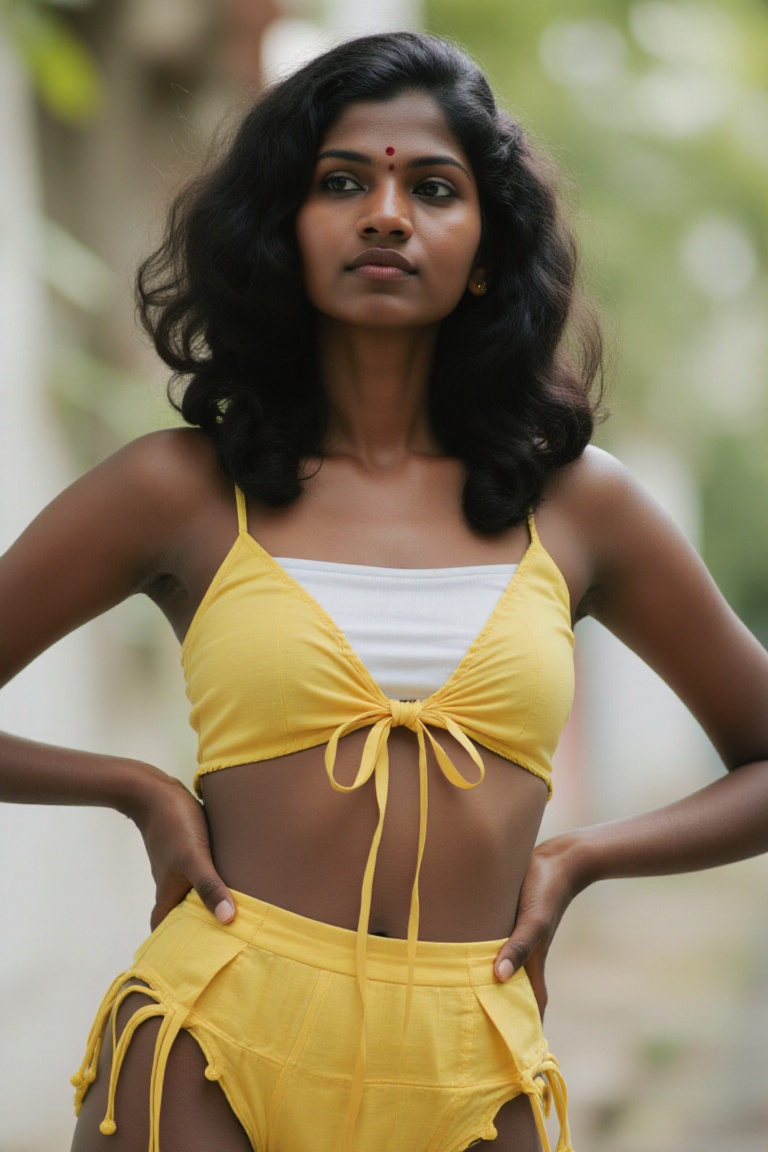 A black kerala woman in morden Y2K style hair and morden Korea k pop outfit,  navel ,  slim on Tensor.Art