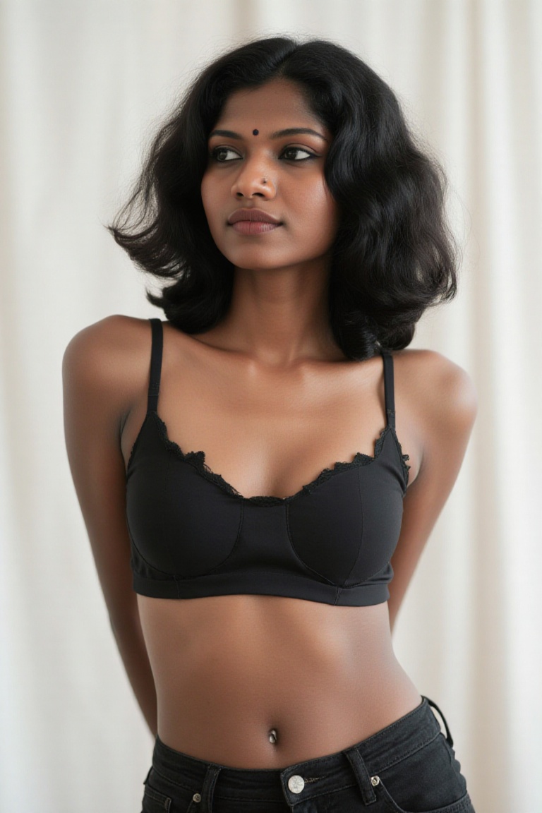 A black kerala woman in morden Y2K style hair and morden Korea k pop outfit,  navel ,  slim on Tensor.Art