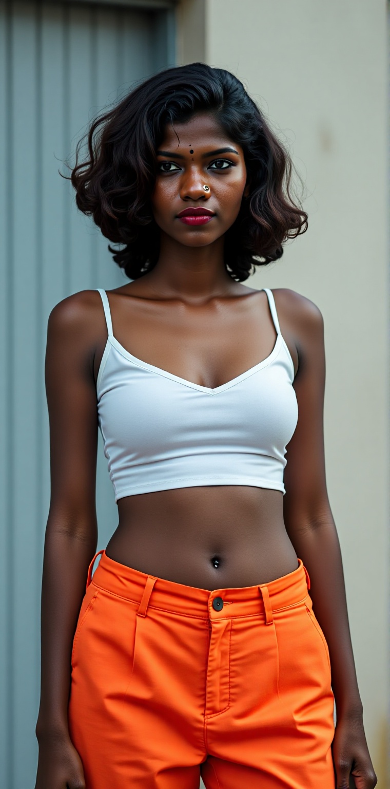 A black Kerala woman exudes modern Y2K charm,  her hair styled in a trendy,  high-maintenance look reminiscent of contempo...
