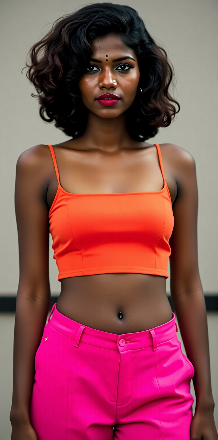 A black Kerala woman exudes modern Y2K charm,  her hair styled in a trendy,  high-maintenance look reminiscent of contempo...