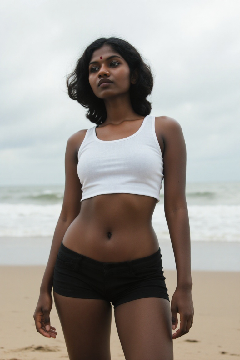 Create a modern Y2K styled image of a black Kerala woman standing at a beach. She wears a contemporary Korea K-pop outfit...