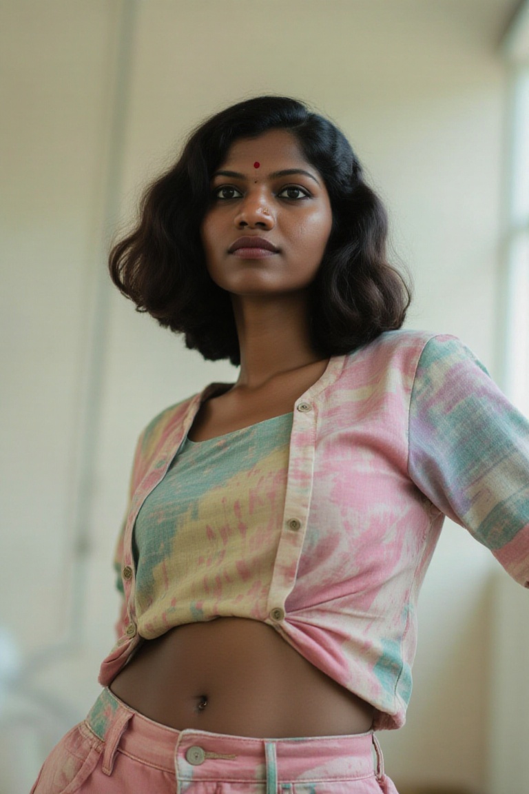 A black kerala woman in morden Y2K style hair and morden Korea k pop outfit,  navel ,  slim on Tensor.Art