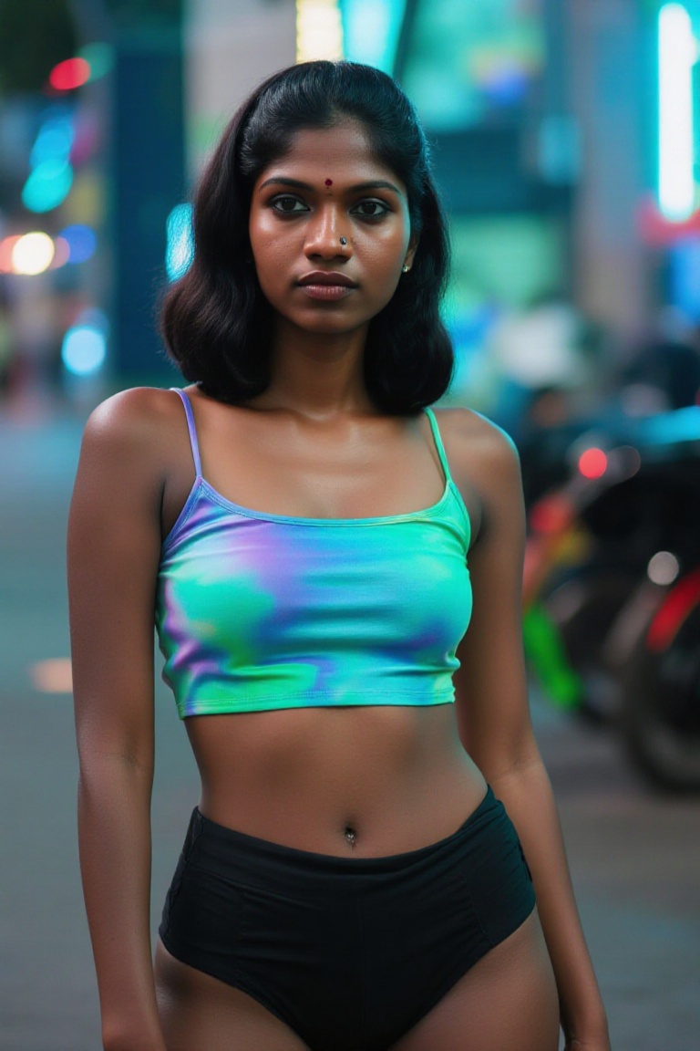 Create a modern Y2K styled image of a black Kerala woman. She wears a contemporary Korea K-pop outfit with sleek,  futuris...