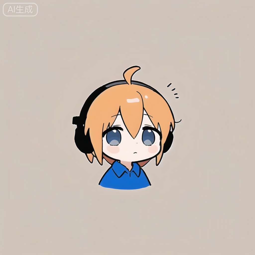 well nano, chibi, upper_body, 1girl, solo, headphones, orange hair, shirt, simple background, grey shirt, chibi, blue eyes, 1girl, closed mouth, collared shirt, antenna hair, hair between eyes, ahoge