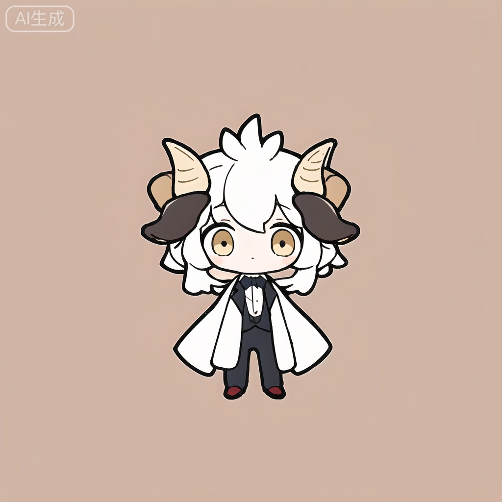 well nano,chibi, 1girl, horns, yellow eyes, white suits, white hair, sheep horns