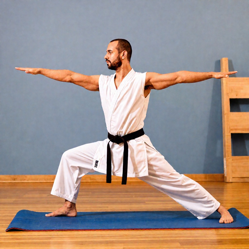 A karate instructor in the yoga pose called warrior pose on Tensor.Art