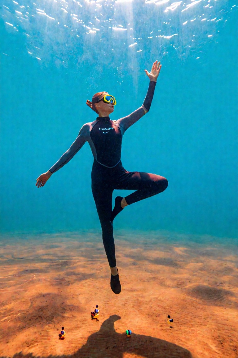 a woman wearing a wet suit and scuba gear,  doing a tree pose on Tensor.Art
