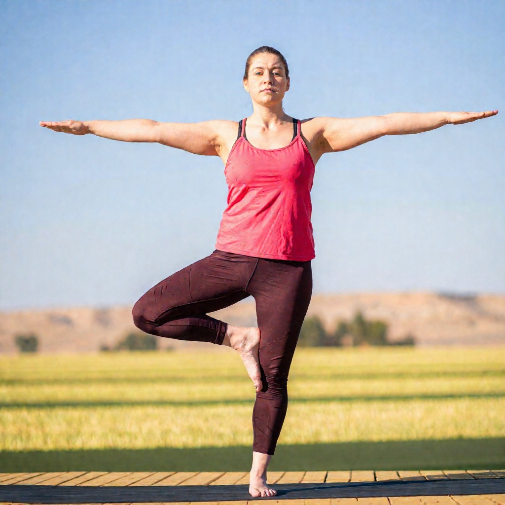 A chubby woman doing a yoga pose outdoors,  tree pose on Tensor.Art