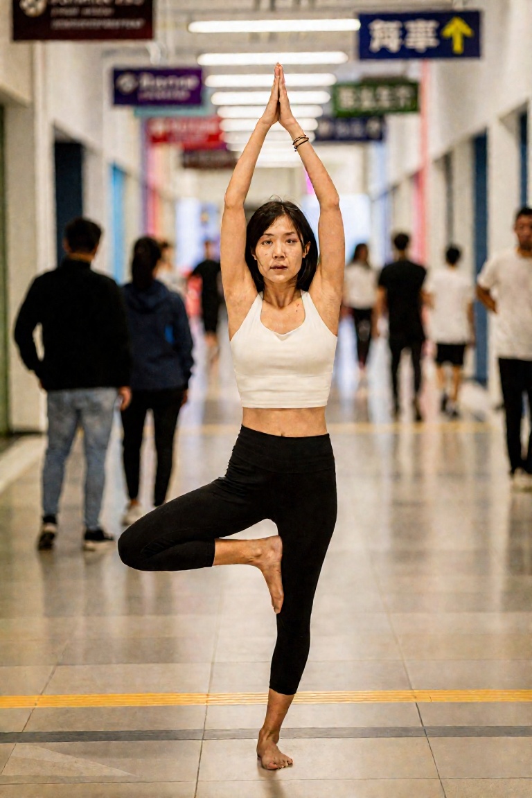 A woman in tree pose,  indoors,  in a crowded shopping mall on Tensor.Art