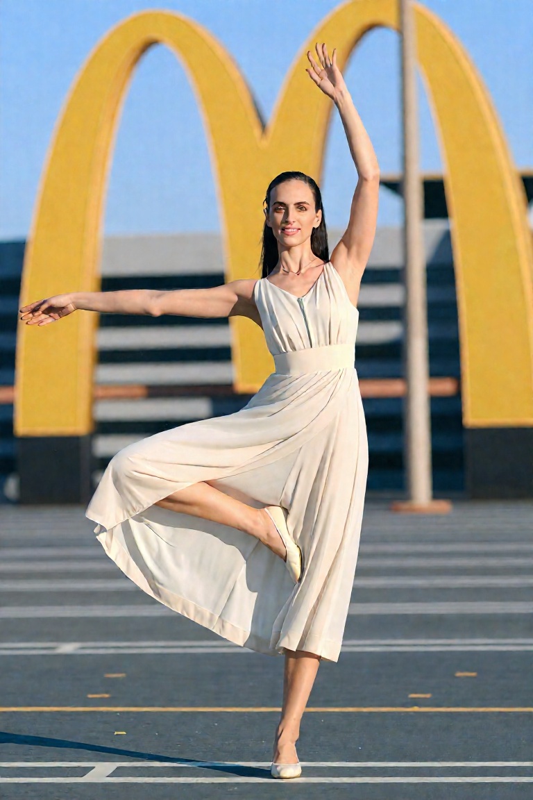 A woman doing a tree pose,  in a McDonald's parking lot,  wearing a wedding dress on Tensor.Art
