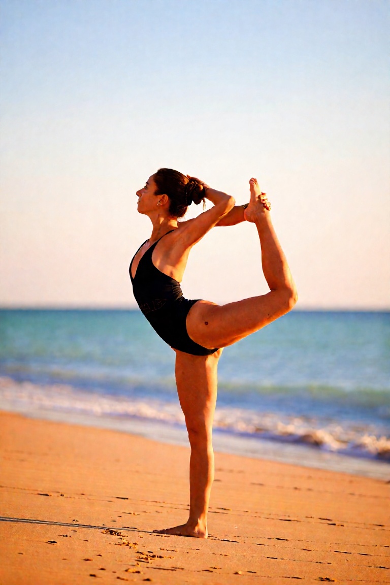 A woman in dancer pose (Natarajasana),  standing on one foot,  on a beach on Tensor.Art