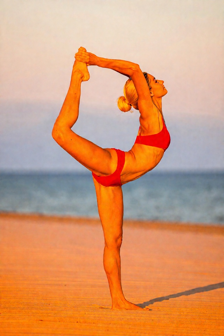 A woman in dancer pose (Natarajasana),  standing on one foot,  on a beach on Tensor.Art