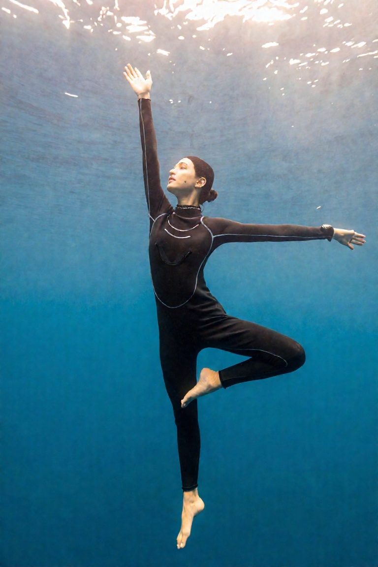 a woman wearing a wet suit and scuba gear,  doing a tree pose on Tensor.Art